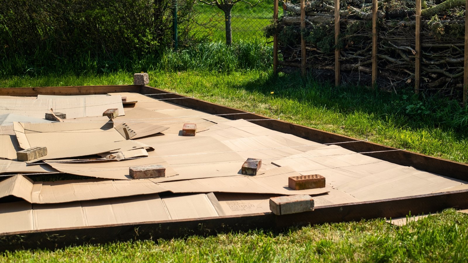 A large wooden raised bed covered with a layer of cardboard, secured with several bricks.
