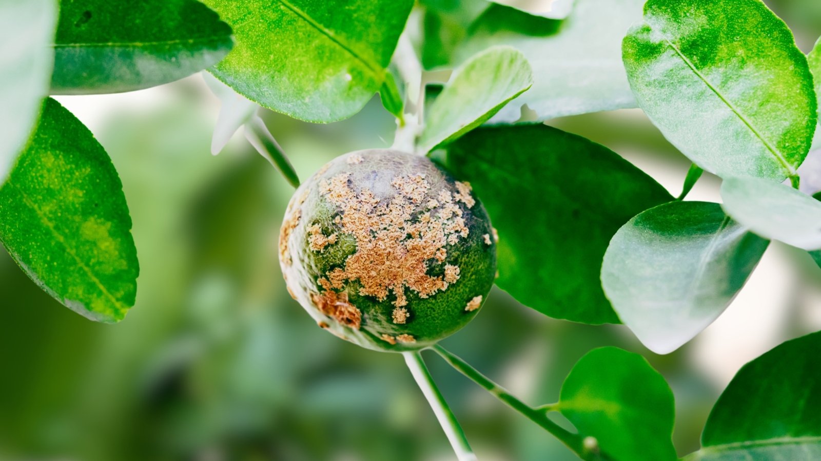 A close-up of a citrus heavily affected by a disease, covered in brown, scab-like lesions.