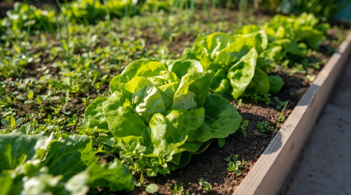 A row of green lettuces finds a home in a charming wooden planter, harmonizing with the fertile brown soil. Amongst the flourishing lettuces, persistent weeds assert their presence in the planter.