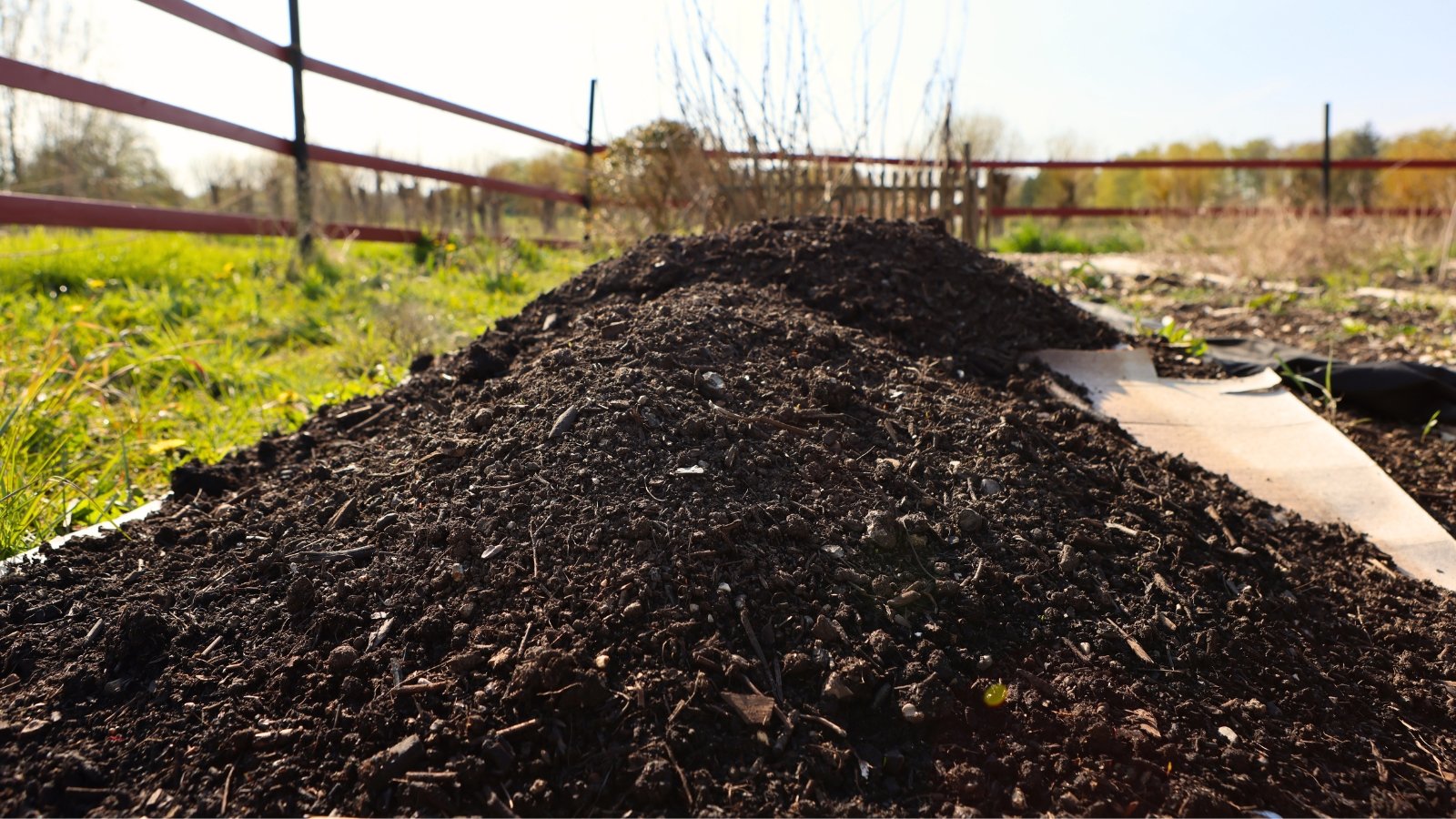 A garden bed featuring a layer of cardboard covered with a thick layer of aged compost.
