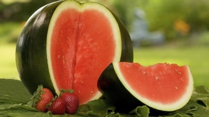 A large, sliced Citrullus lanatus with a few whole fruits on a wooden surface.